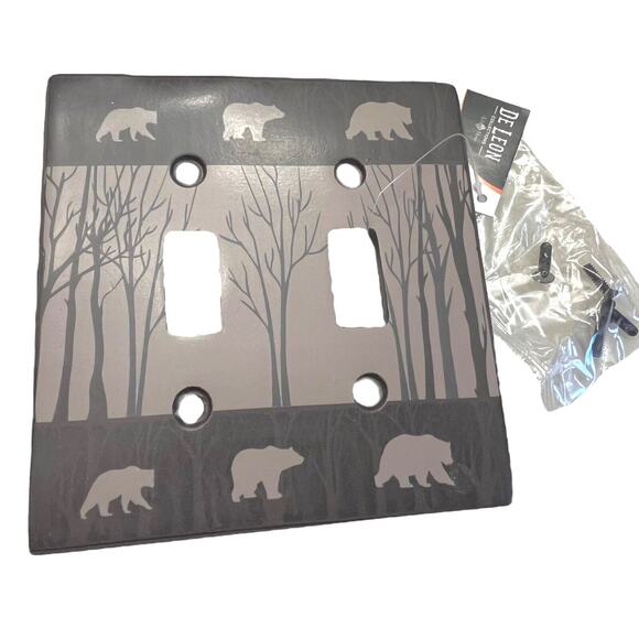 Bear Trees Double Light Switch Cover Cabin Lodge 2 Flip Switches Screws Gray New - Picture 1 of 3